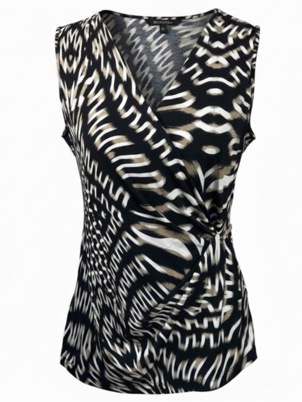 Calvin Klein Sleeveless V-Neck Blouse Size Small Black White  Print Wrap Top